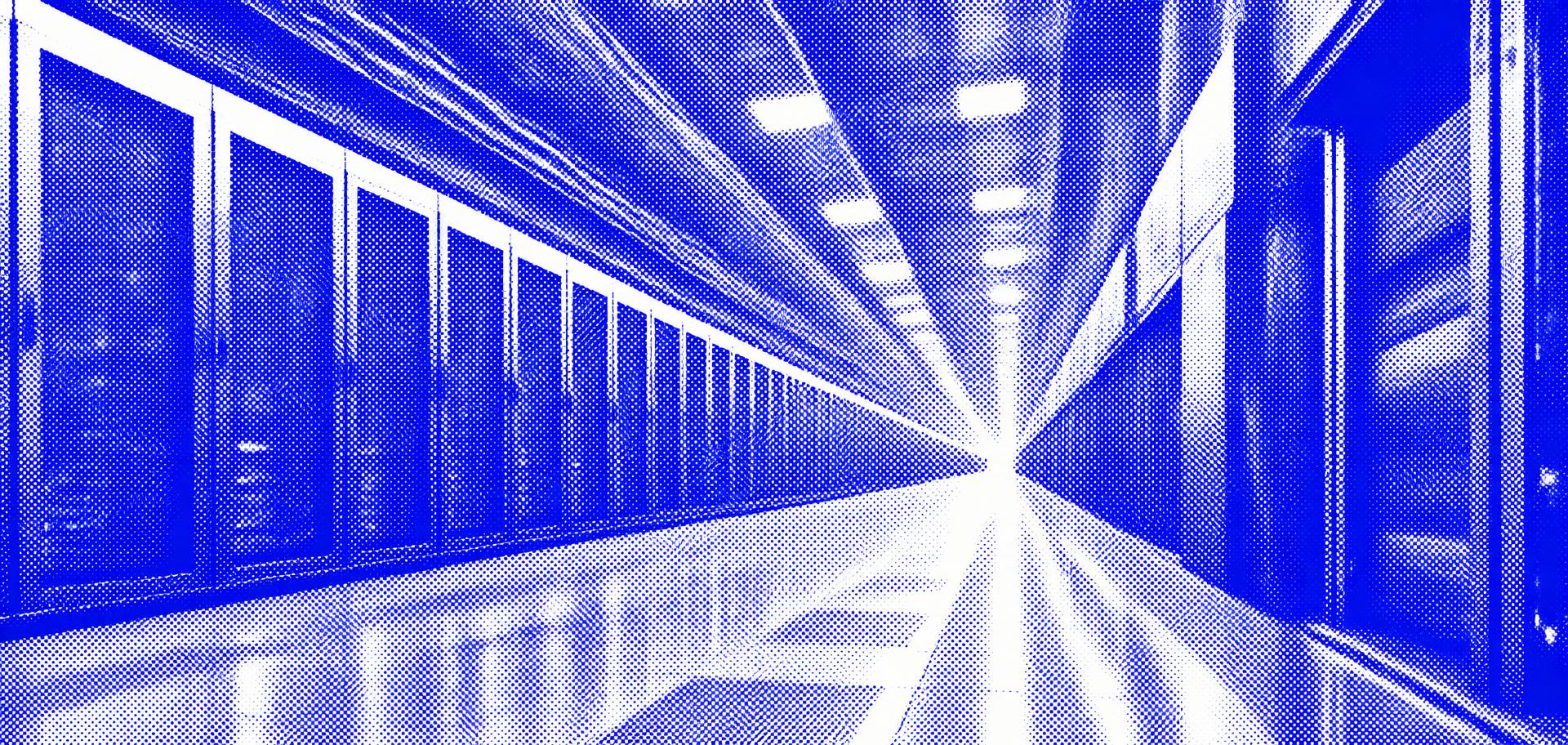 Duotone halftone corridor of machine infrastructure receding to a single vanishing point